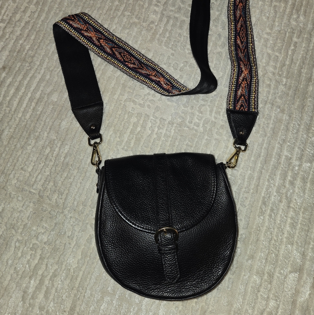 Black Crossbody Saddle Bag with Patterned Strap